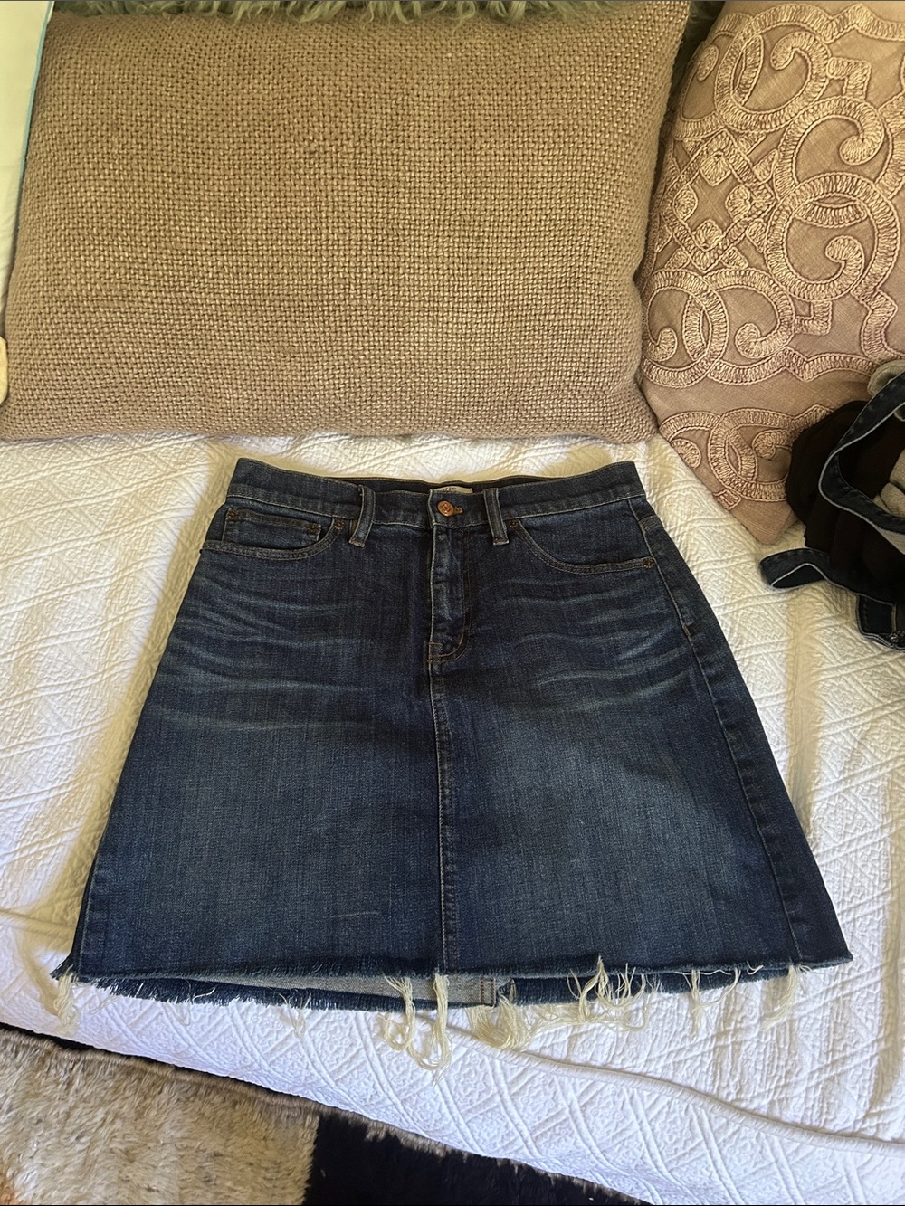 J. Crew Dark Blue Denim A-Line Skirt with Frayed Hem